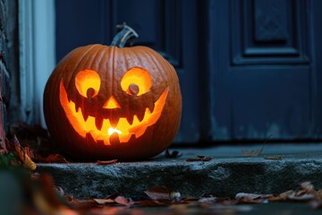 carved and illuminated jack-o-lantern on a doorstep House with halloween orange pumpkin decoration, jack o lanterns with spooky faces on porch