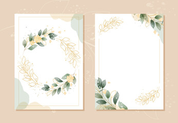 Elegant wedding invitation card template with leaves and flowers gold watercolor