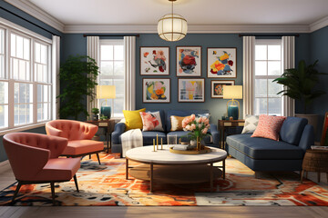 family room with a variety of seating options  - obrazy, fototapety, plakaty