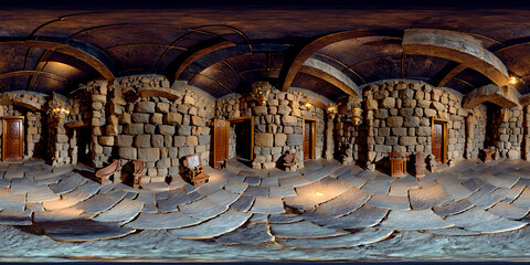 equirectangular panorama 360 degrees ancient vampire castle big blocks - obrazy, fototapety, plakaty