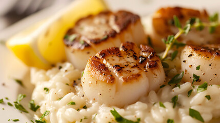 A gourmet dish of seared scallops on a bed of creamy risotto garnished with fresh herbs and a lemon wedge plated elegantly. - obrazy, fototapety, plakaty