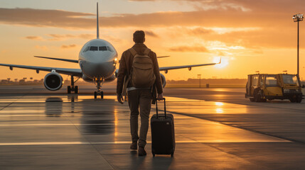 A person boarding a plane and carrying a luggage
