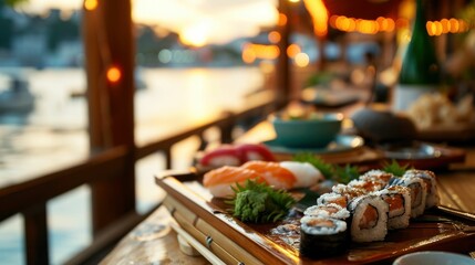 Sushi Boat against a waterfront terrace - obrazy, fototapety, plakaty
