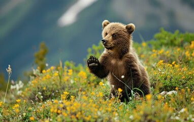 A grizzly cub playfully frolicking in a meadow
