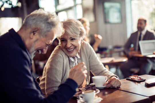 Happy elderly couple sitting in cafe bar