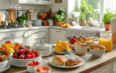 Bright kitchen scene with a breakfast spread featuring fresh fruits and pastries