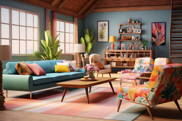 living room with a mix of vibrant colors