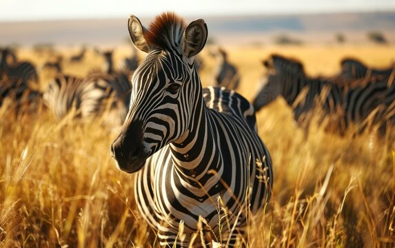 Close up shot of zebras grazing in the golden savannah