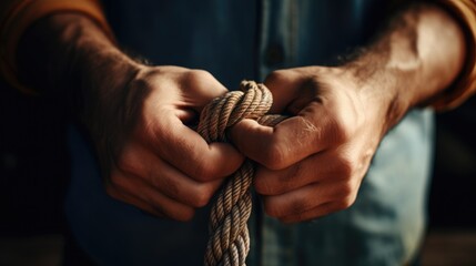 Closeup man hands holding a rope