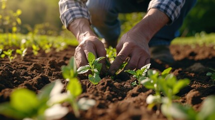 Shot of a farmer delicately planting young plant in rows