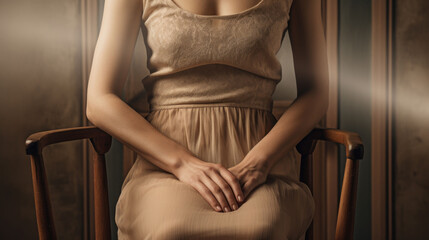 Close up of a woman holding hand arms and sitting on the chair with space for copy