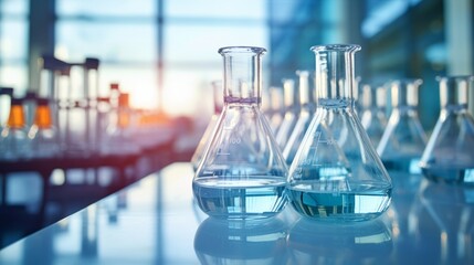 Glass flask with liquid in a laboratory