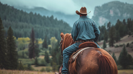 A person riding a horse and wearing a cowboy hat  - obrazy, fototapety, plakaty