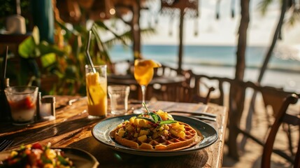 Coconut Waffles with Pineapple Salsa against a beachside cafe