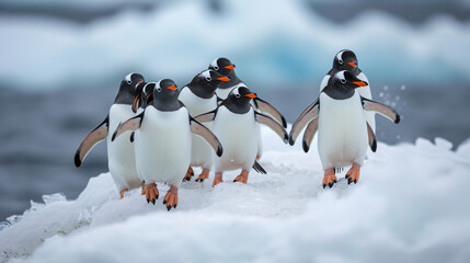 A group of penguins waddling on an icy Antarctic shore their playful antics creating a charming and humorous scene. - obrazy, fototapety, plakaty