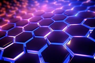 Abstract background with hexagons and glowing lights, 3d render