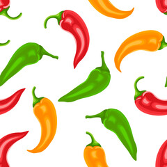 Chili peppers background. Vector seamless pattern with yellow, red and green chili peppers isolated on white.  Cartoon flat illustration of spicy spices. 