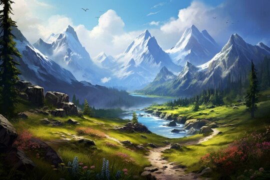 A stunning mountain range with a serene lake and lush vegetation lining the path. Generative AI