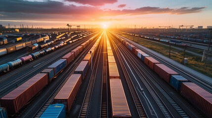 railway track with a string of container trains, highlighting the importance of rail transport in the movement of goods and commerce across vast distances - obrazy, fototapety, plakaty