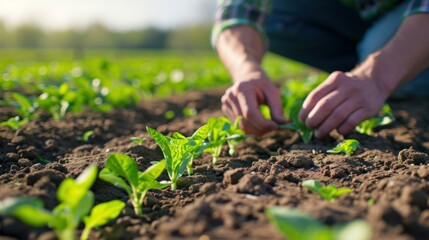 Shot of a farmer inspecting rows of recently germinated seeds