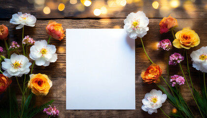 White writable paper lies on a rustic wooden table, surrounded by colorful flowers
