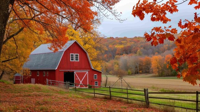 Shot of a red barn surrounded by vibrant autumn foliage