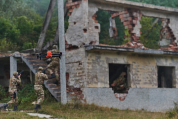 Elite military unit, equipped with state-of-the-art technology including a drone, strategically...
