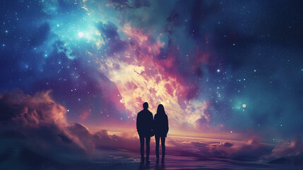 A couple stands in the center of the universe, holding hands as if time pauses in their embrace. In this moment of love, the entire cosmos seems small - obrazy, fototapety, plakaty