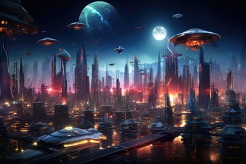 Futuristic city at night with skyscrapers and high-rise buildings, Spectacular nighttime in a cyberpunk city of the futuristic fantasy world featuring skyscrapers, flying cars, and neon, AI Generated