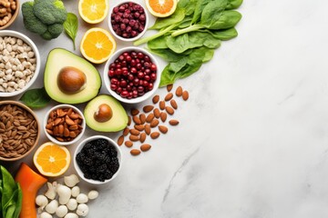 Healthy food clean eating selection: beans, vegetables, fruits and superfoods. Top view with copy space, Selection of healthy rich fiber sources vegan food for cooking, top view, AI Generated