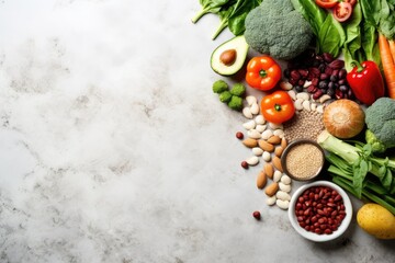 Healthy food background. Top view with copy space for your text, Selection of healthy rich fiber sources vegan food for cooking, top view on a white stone, AI Generated