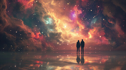 A couple stands in the center of the universe, holding hands as if time pauses in their embrace. In this moment of love, the entire cosmos seems small - obrazy, fototapety, plakaty