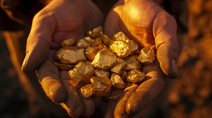A stunning close-up of raw, golden nuggets in a miner's hands, catching the light and gleaming with riches