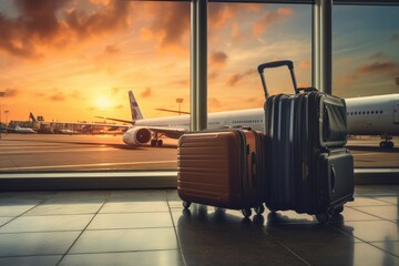 Luggage in airport terminal at sunset. Travel and vacation concept, Suitcases in the airport, Travel concept, plane flying in the background, AI Generated