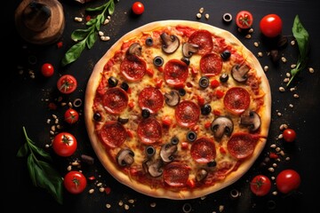 Pizza with salami, mushrooms and onion on a black background, Tasty pepperoni pizza with mushrooms and olives with copy space, AI Generated