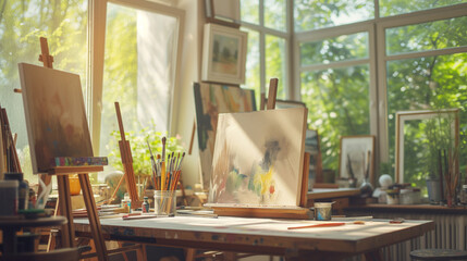 An artist's studio filled with paints, brushes, and canvases, enveloped in inspiration. Large windows allow in light, creating the perfect atmosphere for creativity and self-expression - obrazy, fototapety, plakaty