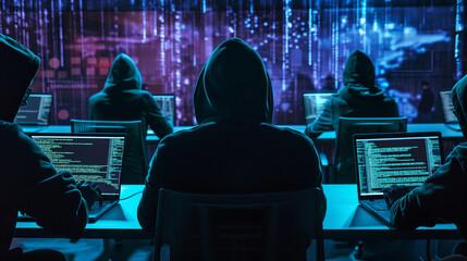 big army of hackers, who are working with laptops to perform various activities related to...