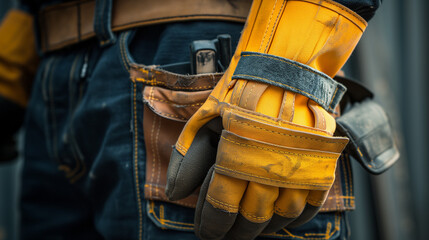 Worker with hammer and chisel wearing safety gloves