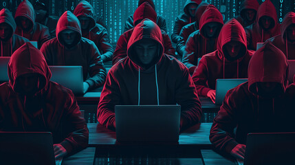 big army of hackers, who are working with laptops to perform various activities related to cyberattacks, espionage, or cybercrime