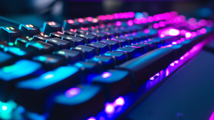 Close up of RGB gaming keyboard - obrazy, fototapety, plakaty