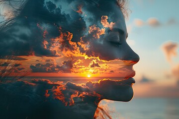 Double exposure silhouette of a woman's face with a cloudy sunset sky on the beach. Mood disorder concept, human and natural problems - obrazy, fototapety, plakaty