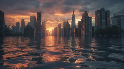 skyscrapers are now partially or fully submerged underwater, a stark reminder of the ongoing impact of climate change. Global warming concept