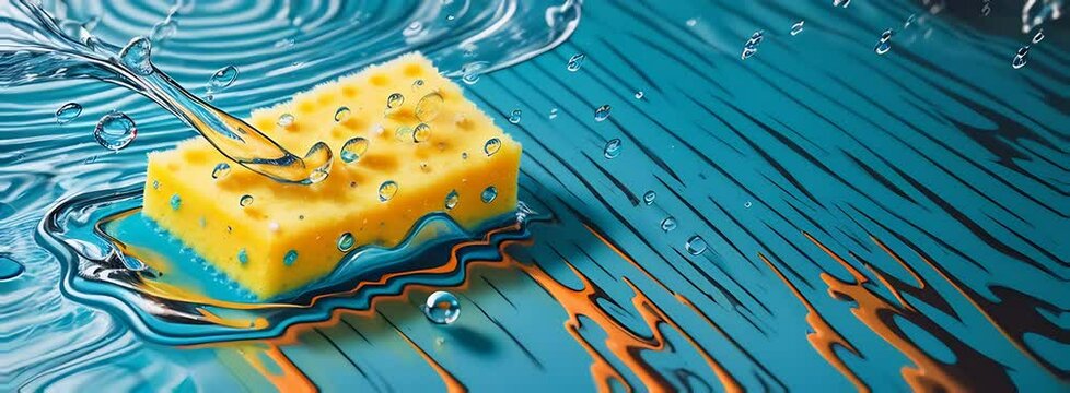a sponge on a blue surface with water droplets