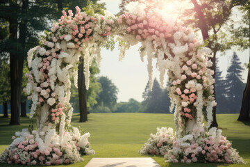 Naklejka premium Beautiful Floral Wedding Arch Decorated with Roses in Sunlit Garden