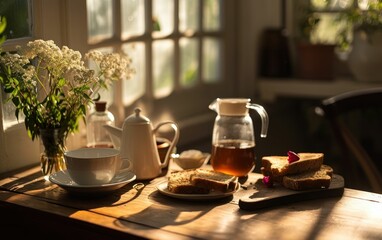 Fototapeta na wymiar Sunlit kitchen corner with a simple breakfast setup featuring a cup of tea and fresh toast