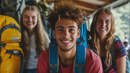 group of cheerful backpackers enjoying their stay in a hostel. With their smiling faces and relaxed demeanor