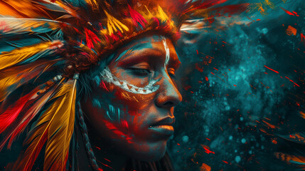 Indian shaman woman adorned with colorful feathers, who appears to be deeply inspired and engaged in an ayahuasca ceremony