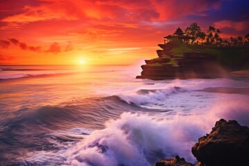 Sunset at Tanah Lot temple in Bali island, Indonesia, Seascape, ocean at sunset, Ocean coast with waves near Uluwatu temple at sunset, Bali, Indonesia, AI Generated - obrazy, fototapety, plakaty