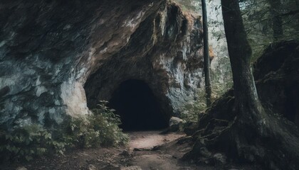 森の奥深くにある不気味な洞窟の入り口_01