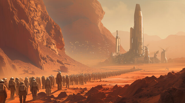A group of human colonizers is shown disembarking from a spacecraft and setting foot on the barren surface of Mars